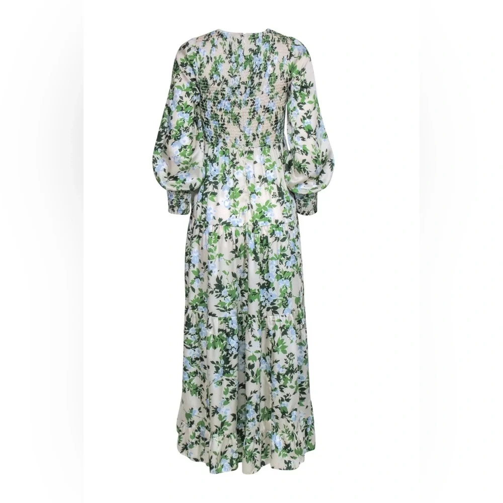 Tuckernuck - Beige w/ Blue & Green Floral Print Smocked Dress Sz XS - Picture 6 of 15